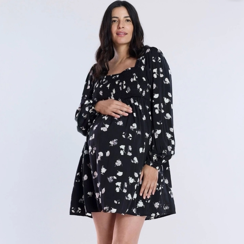 Motherhood Maternity Smocked Long Sleeve Black Floral Mini Dress Size Small New